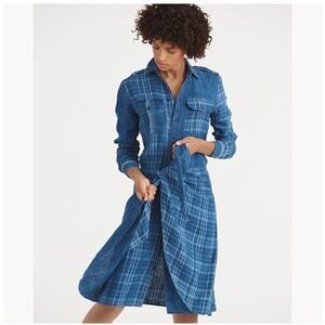 Polo Ralph Lauren Indigo Dyed Blue Plaid Linen Tie Front Sarong Shirt Dress